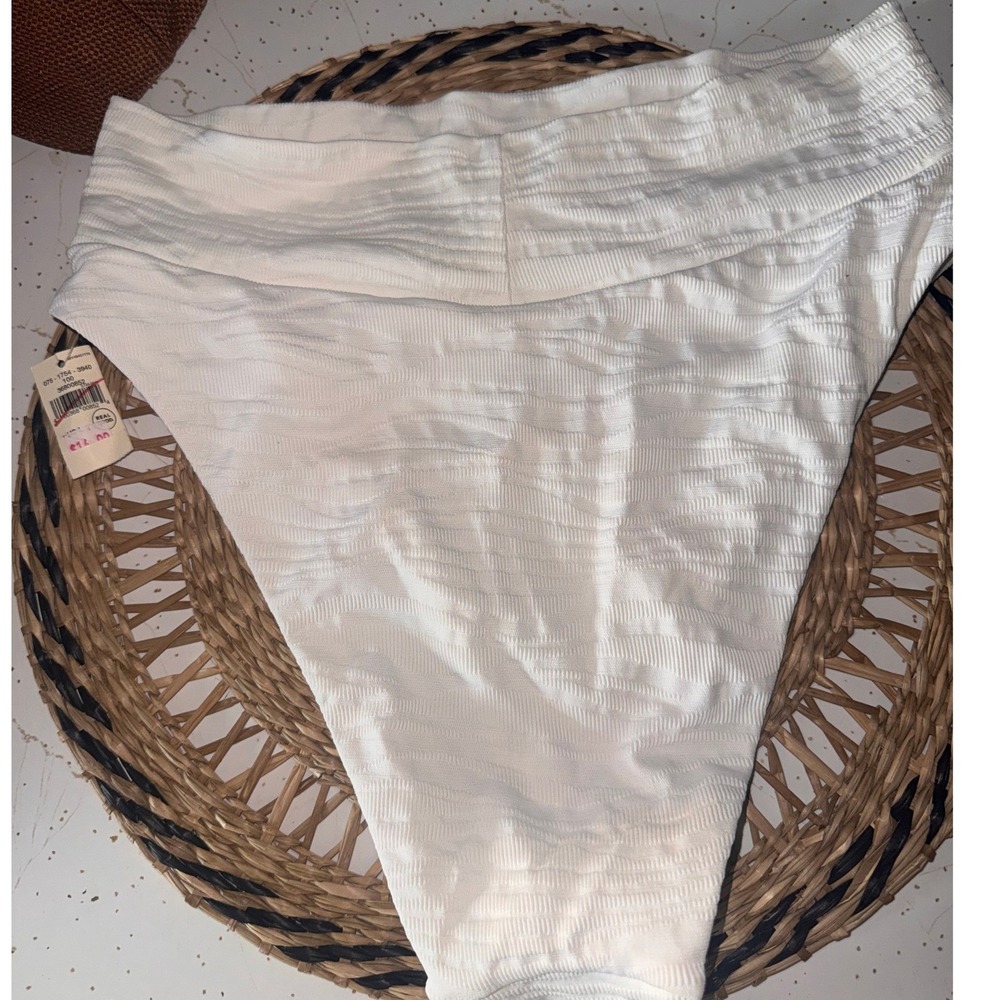 Aerie Real Good High Cut Cheeky Bikini Bottom White Textured High Waist Large - Picture 2 of 3